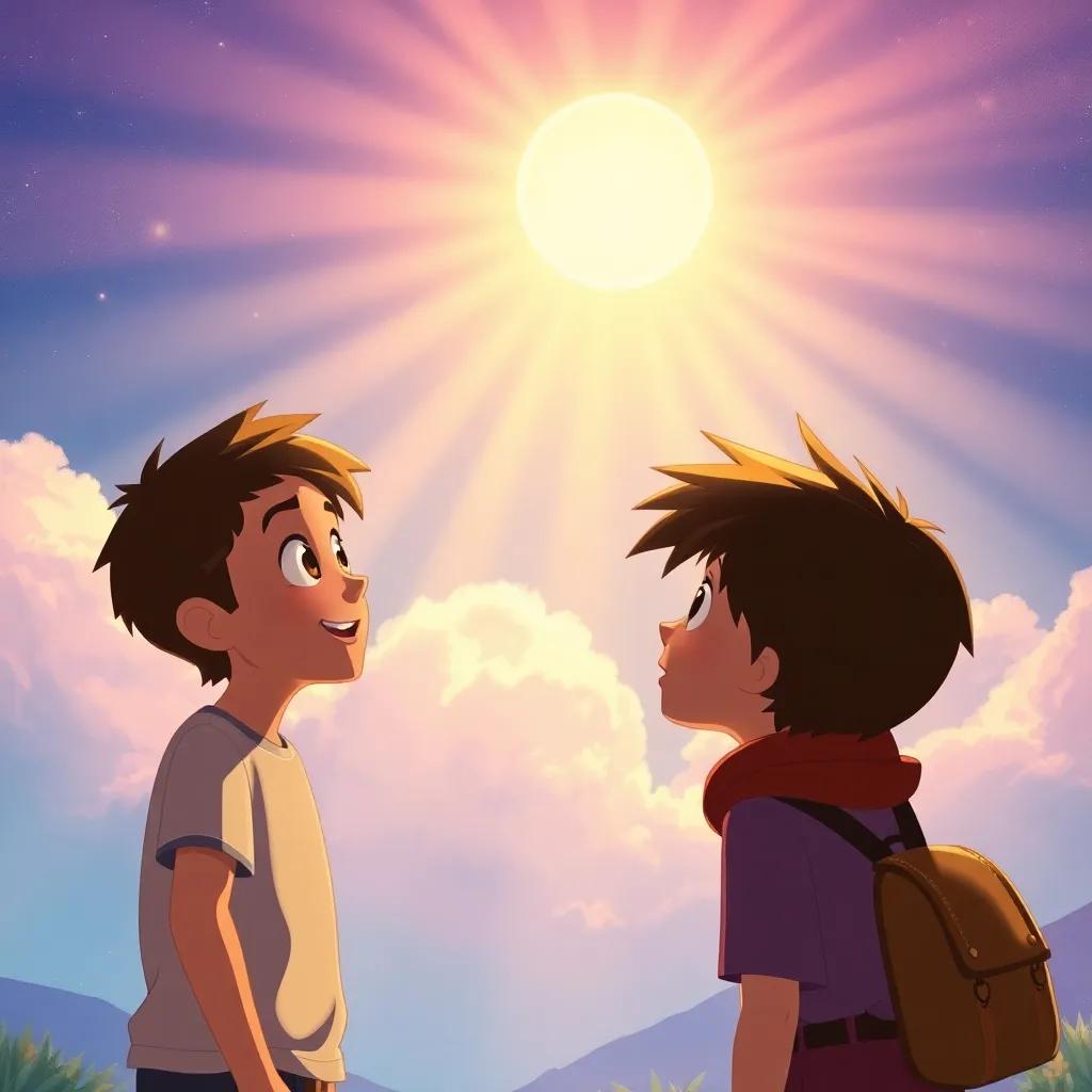 Mateo watching amazed as Lucita shines now brightly like a sun, with glowing rays of light spreading across the sky, illustration, magical, vibrant colors, heartwarming atmosphere, high quality