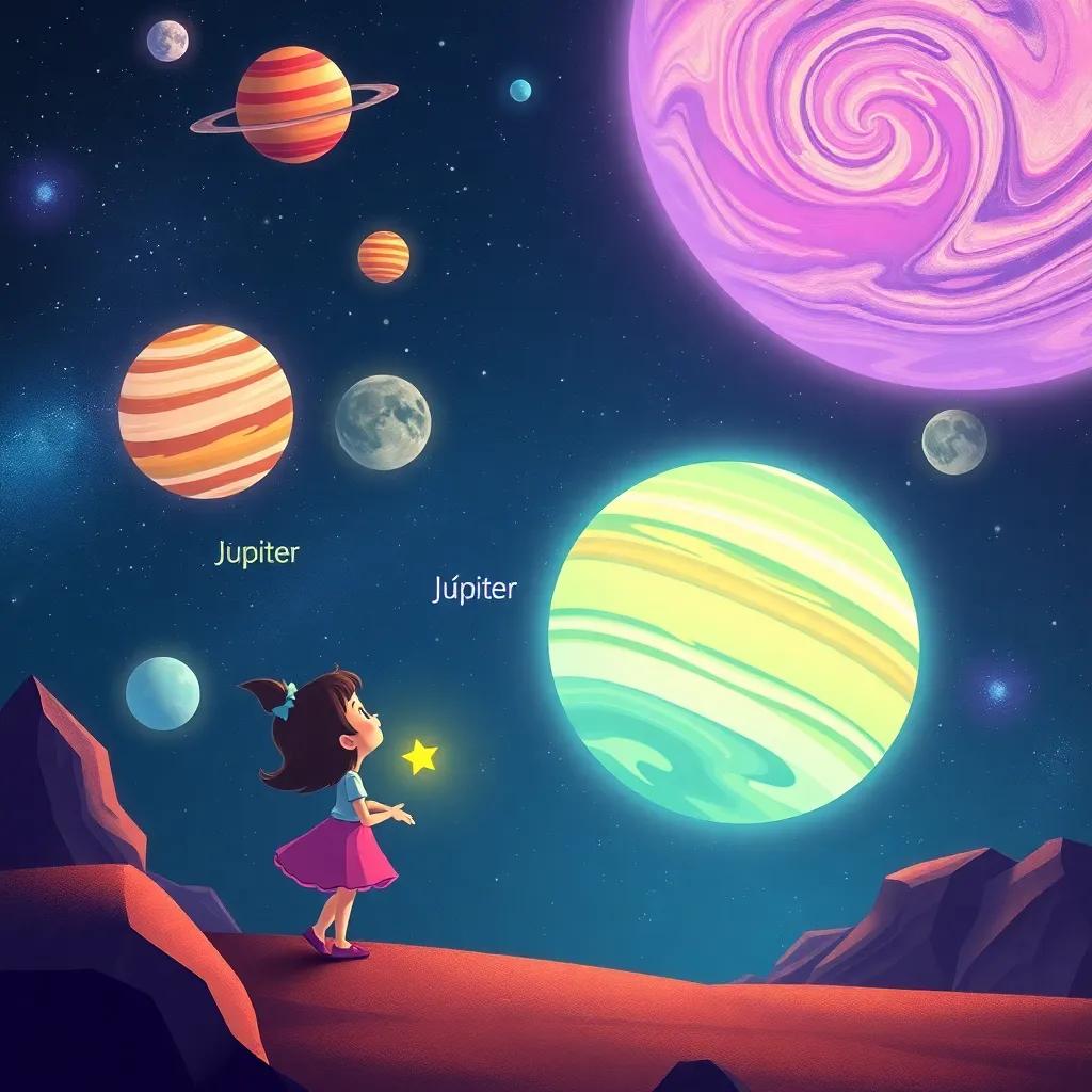 Estrellita, a small shining star, looking down at the colorful planets, especially Júpiter with its swirling clouds, glowing and majestic, illustration, cheerful, child-friendly, joyful