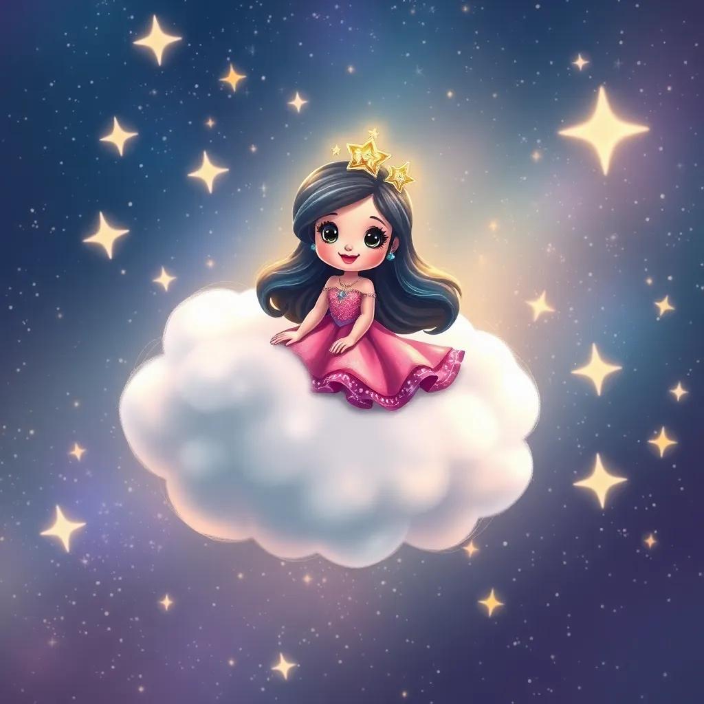 Estrellita happily floating on a soft fluffy cloud, traveling through the galaxy, surrounded by sparkles and bright stars, digital painting, imaginative, stars all around, high quality