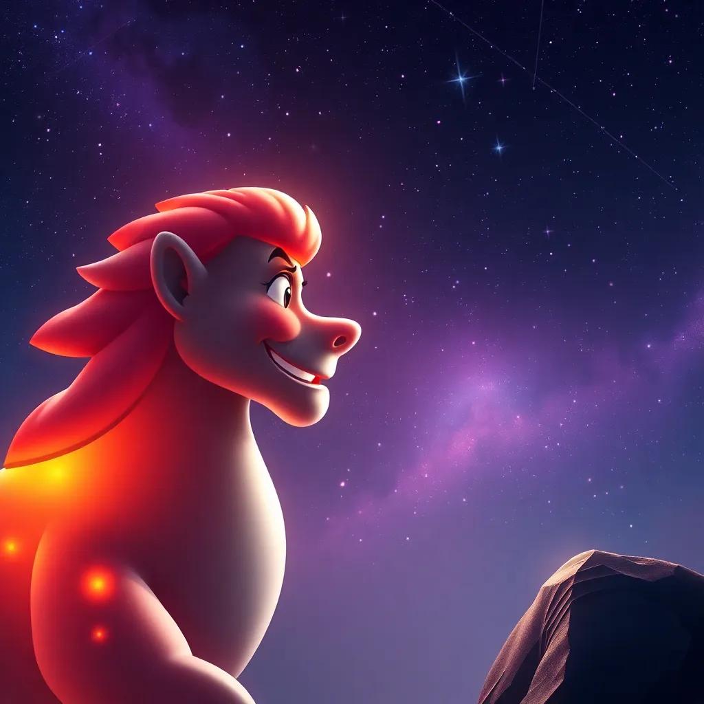 A majestic Júpiter, looking at Estrellita and smiling, glowing with vibrant colors, set against the backdrop of a starry sky, digital art, warm colors, inviting atmosphere, high quality