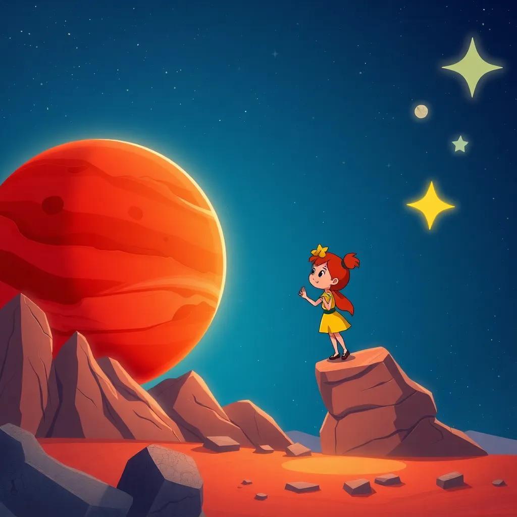 Marte, the red planet, with rocky mountains and craters, talking to Estrellita, the small shining star, surrounded by starry backgrounds, colorful, engaging scene, child-friendly