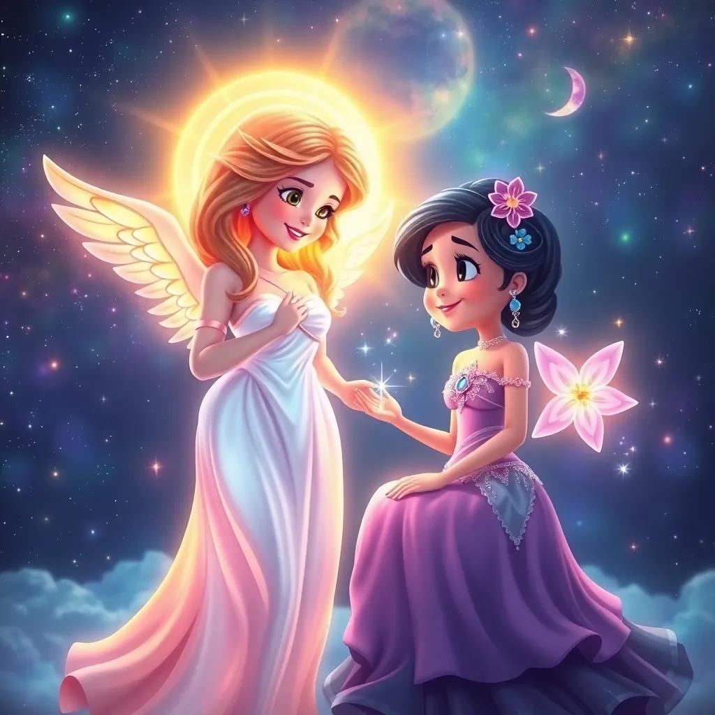 Beautiful Venus, glowing with radiant hues, speaks kindly to Estrellita, who is sparkling with light, in a vast cosmic setting, magical, bright colors, child-friendly, high quality
