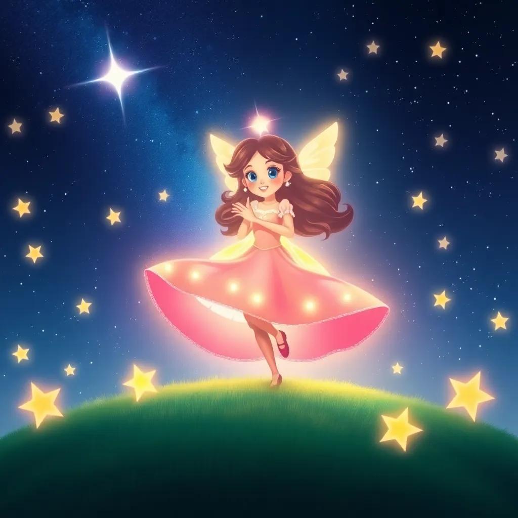 A beautiful scene of Estrellita returning to her place in the night sky, shining brightly among twinkling stars, digital art, vibrant colors, uplifting atmosphere, high quality