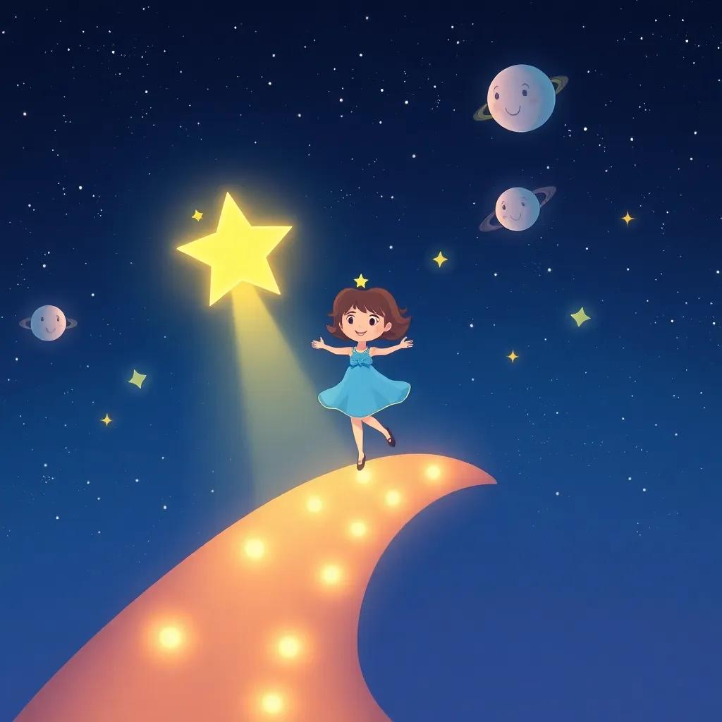 Estrellita in the night sky, creating a glowing path with her light, surrounded by planets smiling and twinkling, joyful, radiant, child-friendly illustration, high quality