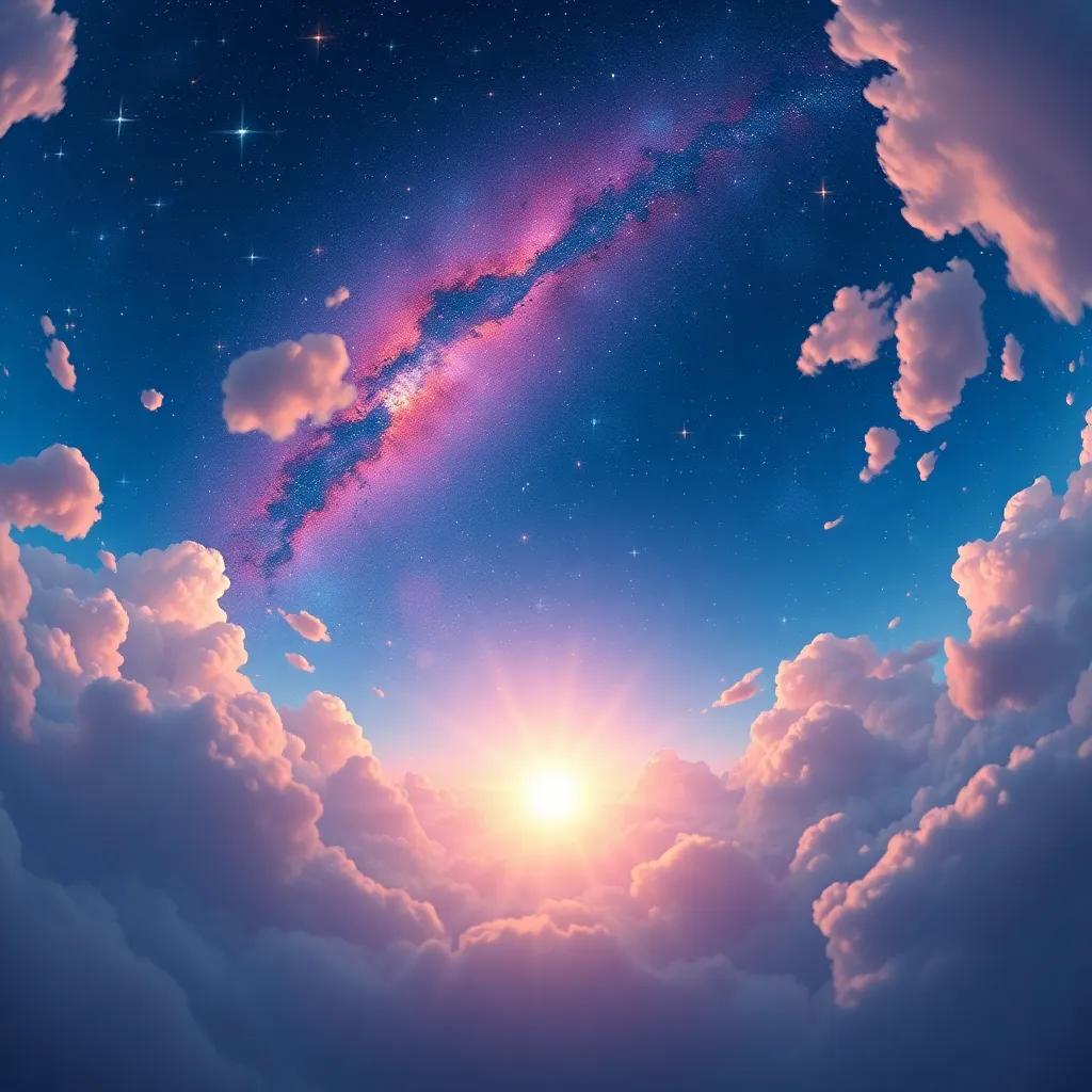 A panoramic view of a star-studded sky with clouds, Estrellita glowing passionately as she lights up the universe, vibrant colors, inspiring scene, digital art, high quality