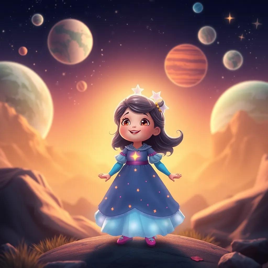 Estrellita shining brightly, with planets in the background, sparkling stars, and a sense of joy and acceptance around her, fantasy scene, warm colors, amazing atmosphere, child-friendly