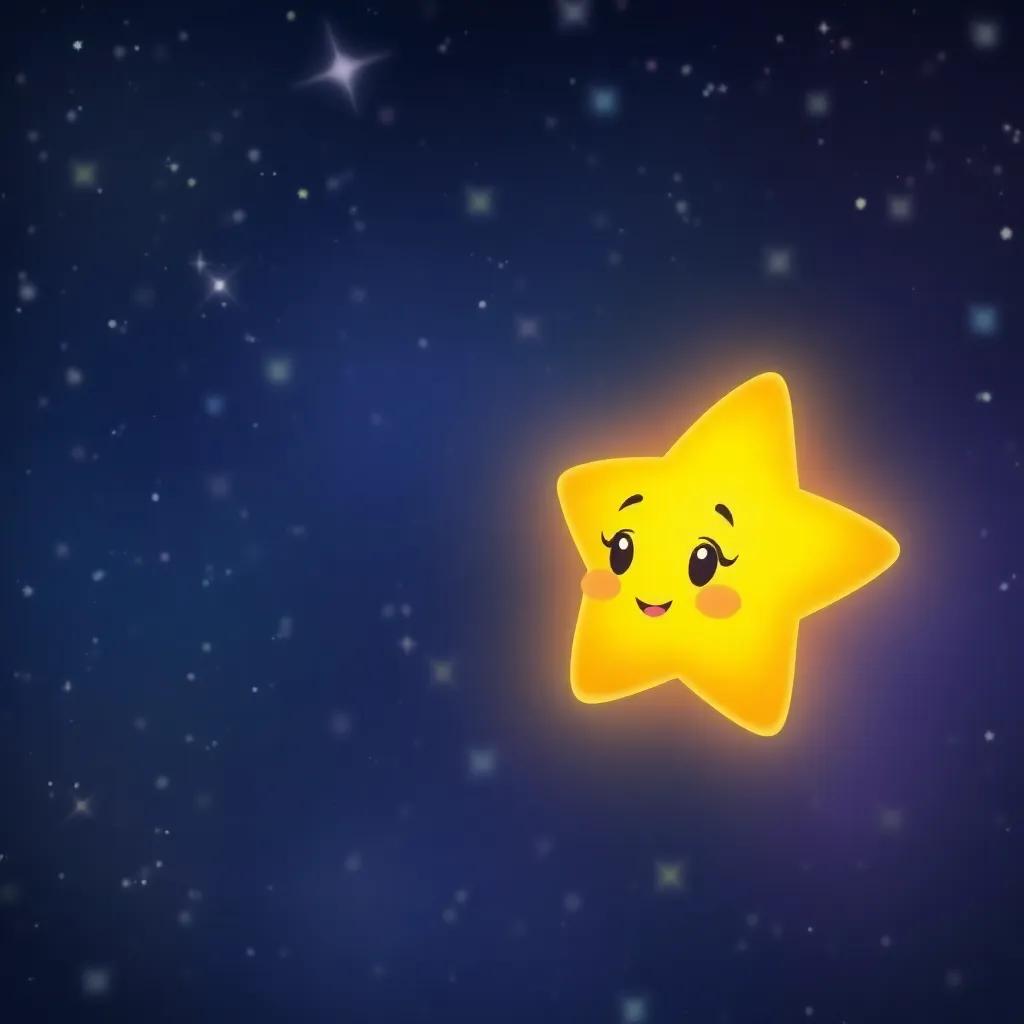 A little star named Estrella, glowing softly against a dark sky full of sparkling stars, vibrant colors, dreamy atmosphere, digital painting, child-friendly, engaging focus