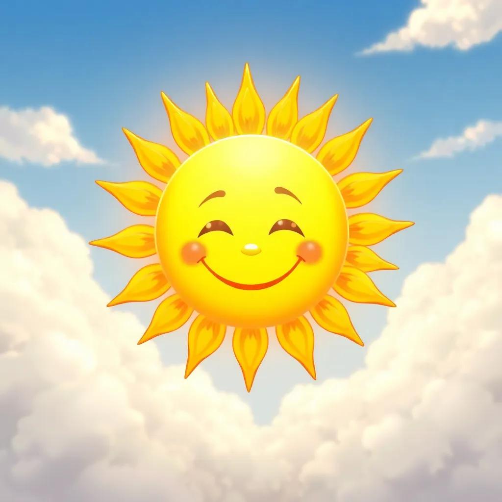 The bright sun with a warm smile, shining golden light over the world, surrounded by fluffy white clouds, illustration, cheerful scene, high quality, inviting