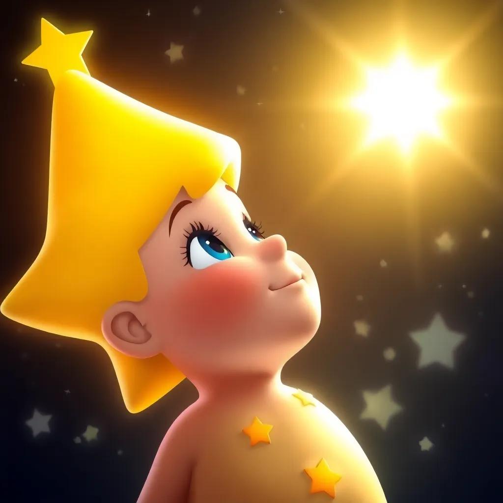 The little star Estrella looking up at the sun, her face filled with hope, with twinkling stars around her, colorful and warm, heartwarming moment, digital artwork