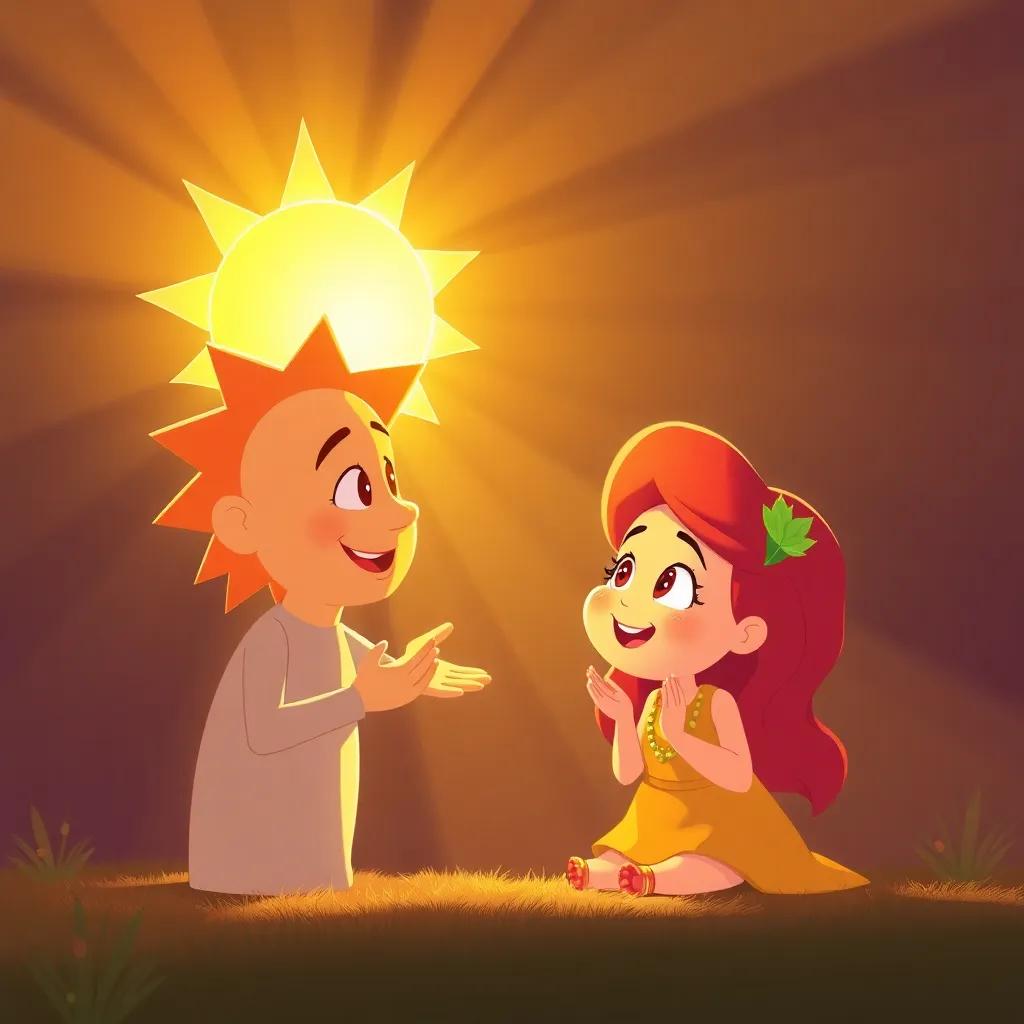 The sun talking to Estrella, with rays of sunlight reaching out to her, both characters exuding warmth and friendliness, cozy colors, uplifting scene, cartoon style
