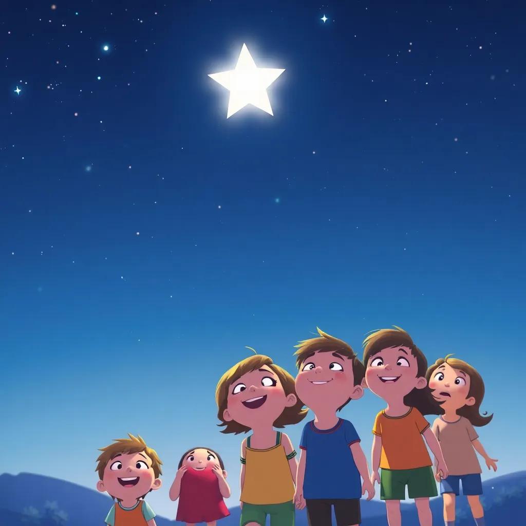Estrella shining brightly in the night sky, with happy children below gazing up in amazement, soft blue and yellow hues, joyful atmosphere, imaginative illustration