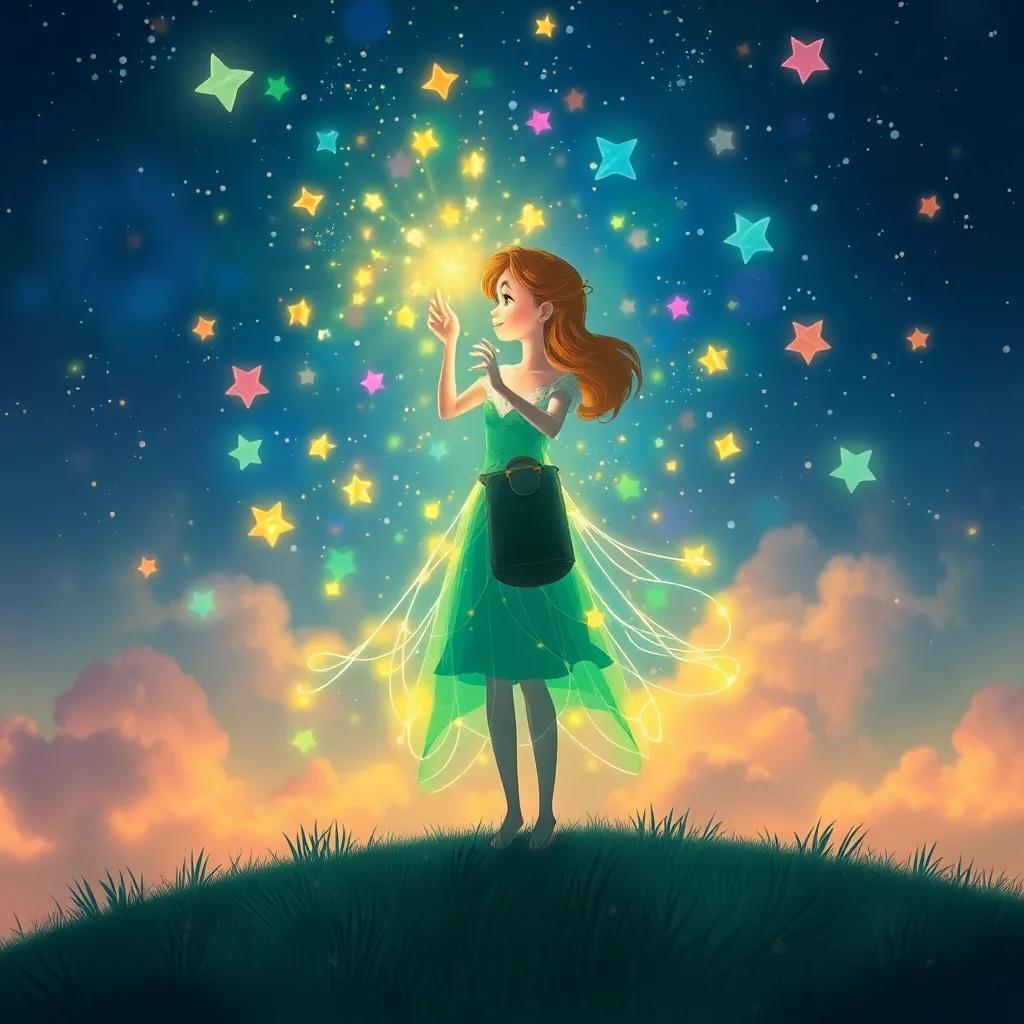 Estrella creating her own light pattern in the night sky, with colorful dreams floating around her, abstract and whimsical style, vibrant, fun scene, enchanting visuals