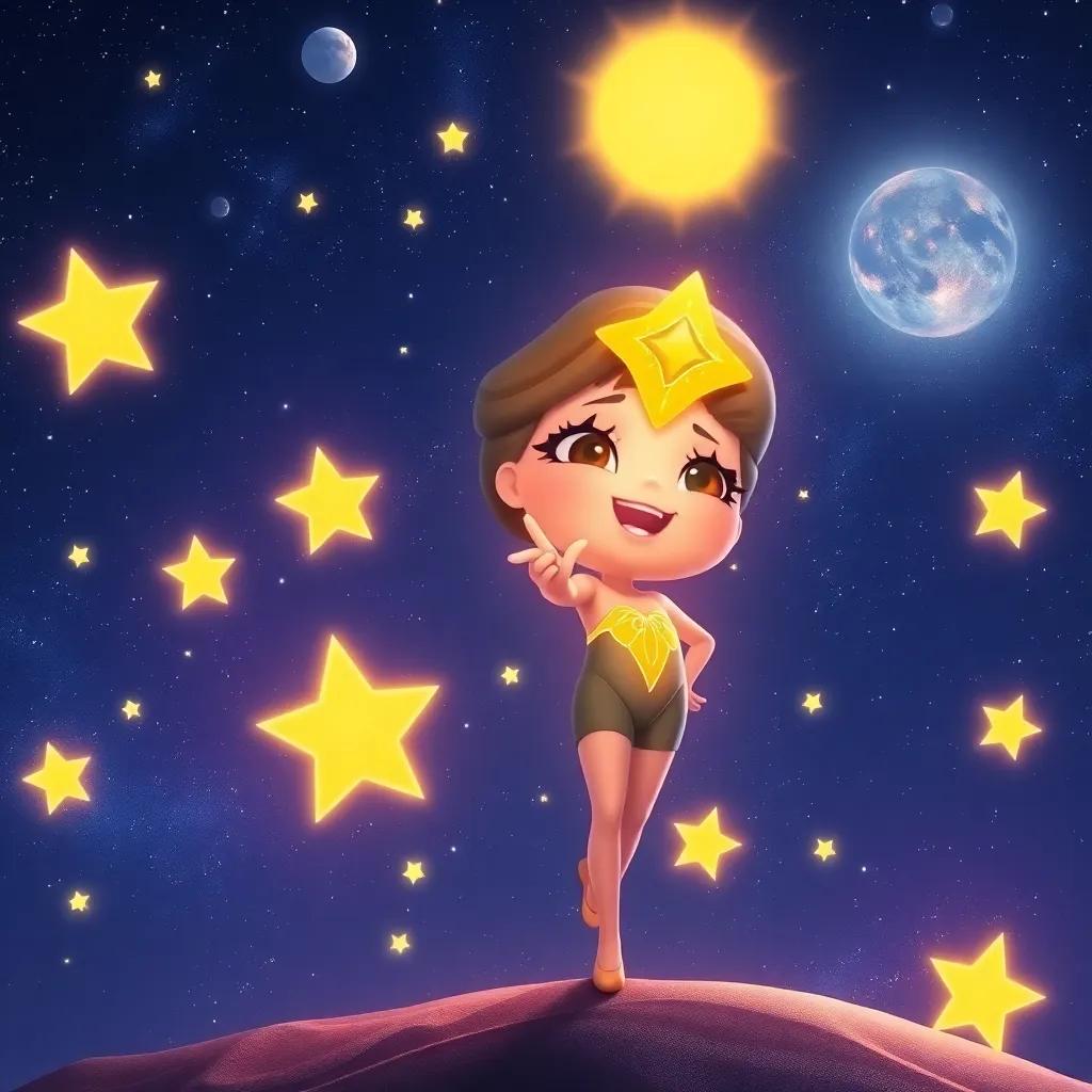 Estrella sparkling with pride, surrounded by other stars and the sun looking down supportively, night sky filled with wonder and dreams, magical moment, rich colors, heartwarming