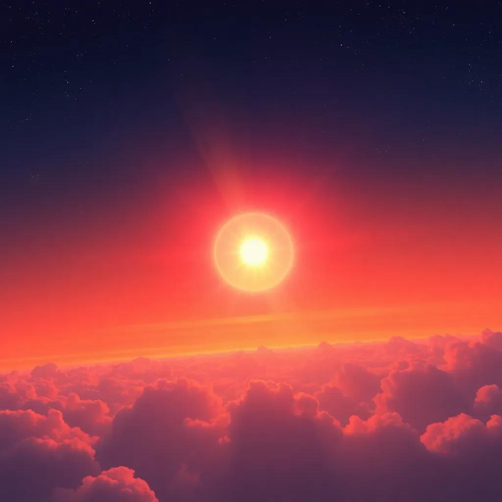 The sun and Estrella together in the sky, a harmonious blend of day and night, beautiful colors creating a glowing sunset, showing unity, artistic atmosphere