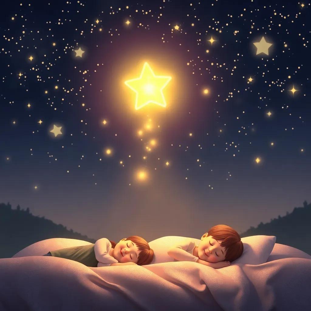 Estrella glowing with joy in the night, filling the sky with twinkles while children sleep peacefully below, warm nighttime colors, peaceful mood, digital art