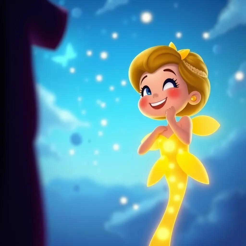 Estrella smiling brightly in the sky, finally accepting her unique brilliance, full of happiness, cheerful colors lighting up the night, playful and inviting scene