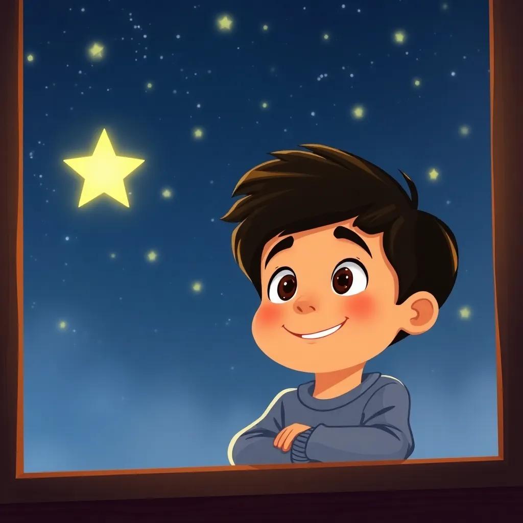 A young boy named Tomás with curious eyes and a big smile, looking out of his window at Luminia the star, a serene night sky with bright stars, child-friendly, illustration, warm lighting