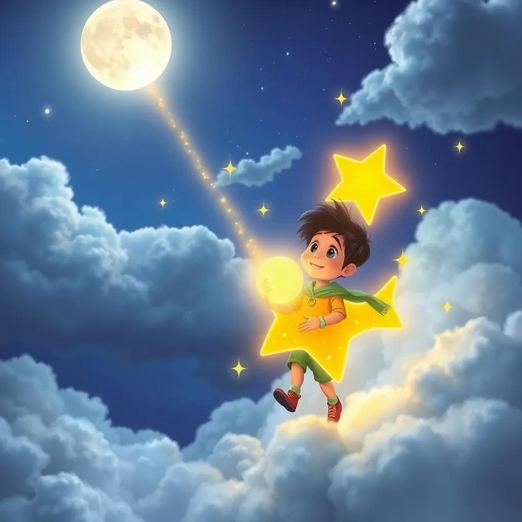 Luminia the shooting star shining golden light, taking Tomás on a magical journey through the clouds under the moonlight, vibrant colors, whimsical, high quality