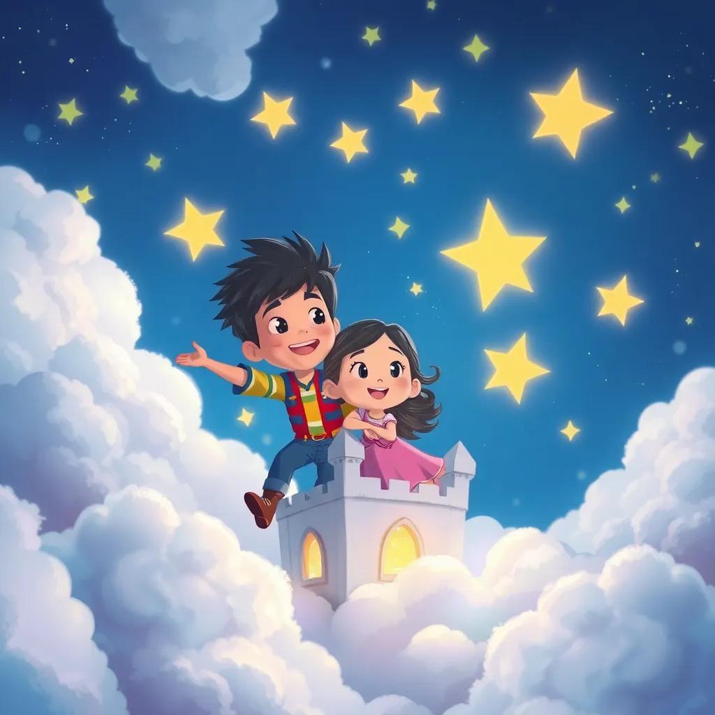 Tomás and Luminia floating among the clouds, creating a castle made of clouds, bright stars surrounding them, joyful moment, colorful illustration, dreamlike quality