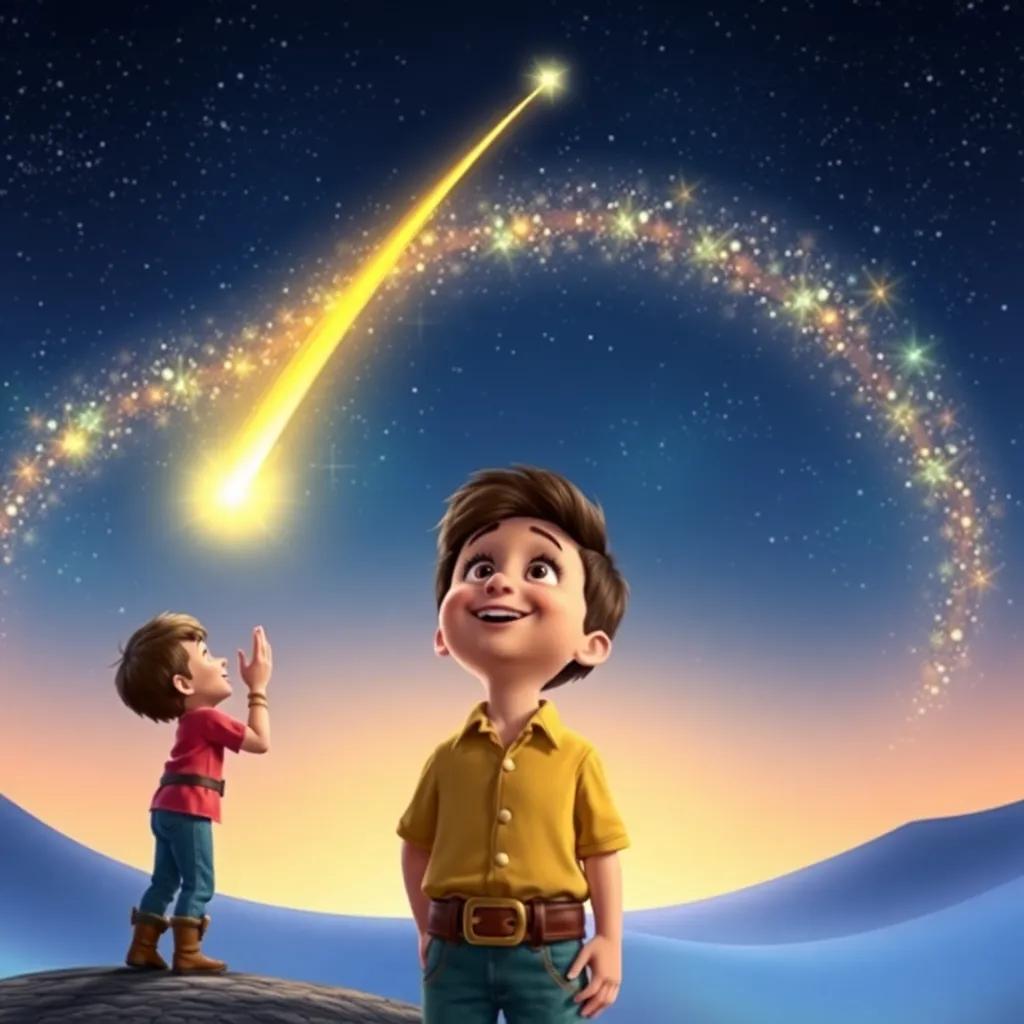 Tomás making a wish to Luminia the shooting star, standing under a beautiful starry sky, his face full of wonder and joy, magical setting, detailed digital art