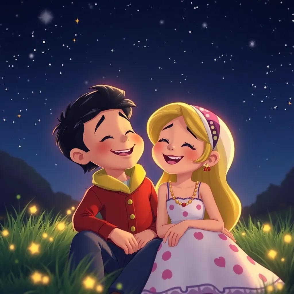 Tomás and Luminia sharing laughter under the starry night, secrets and whispers, a feeling of friendship, warm and inviting atmosphere, cheerful