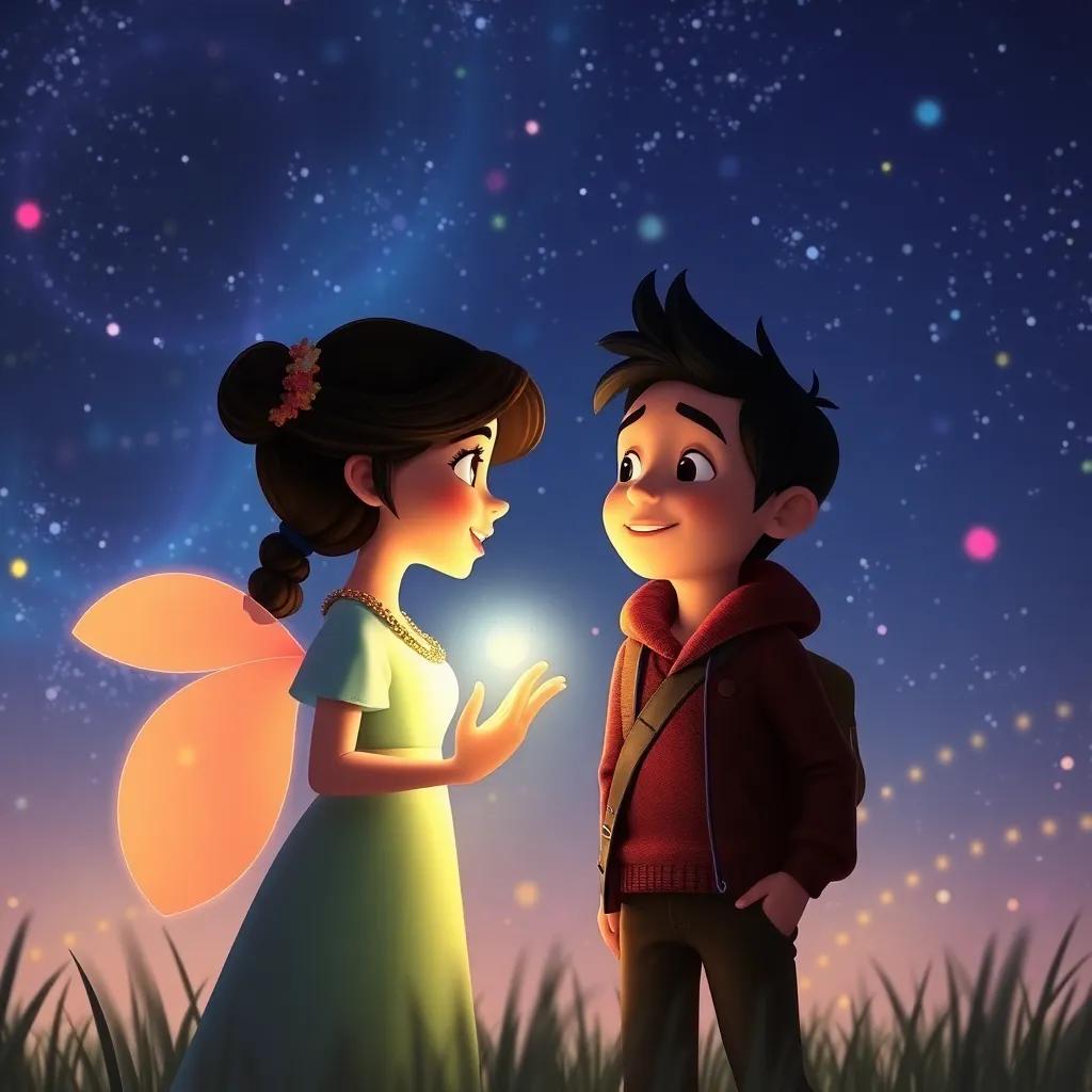 Luminia saying goodbye to Tomás, glowing brightly in the night sky, a sense of love and friendship, magical background, colorful digital art, emotional moment