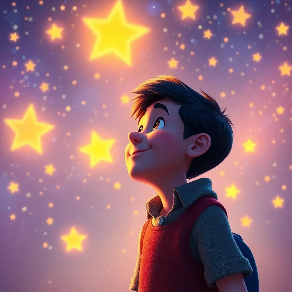 Tomás gazing at the stars with a smile, knowing Luminia is always with him, luminous stars twinkling in the sky, vibrant and warm colors, uplifting