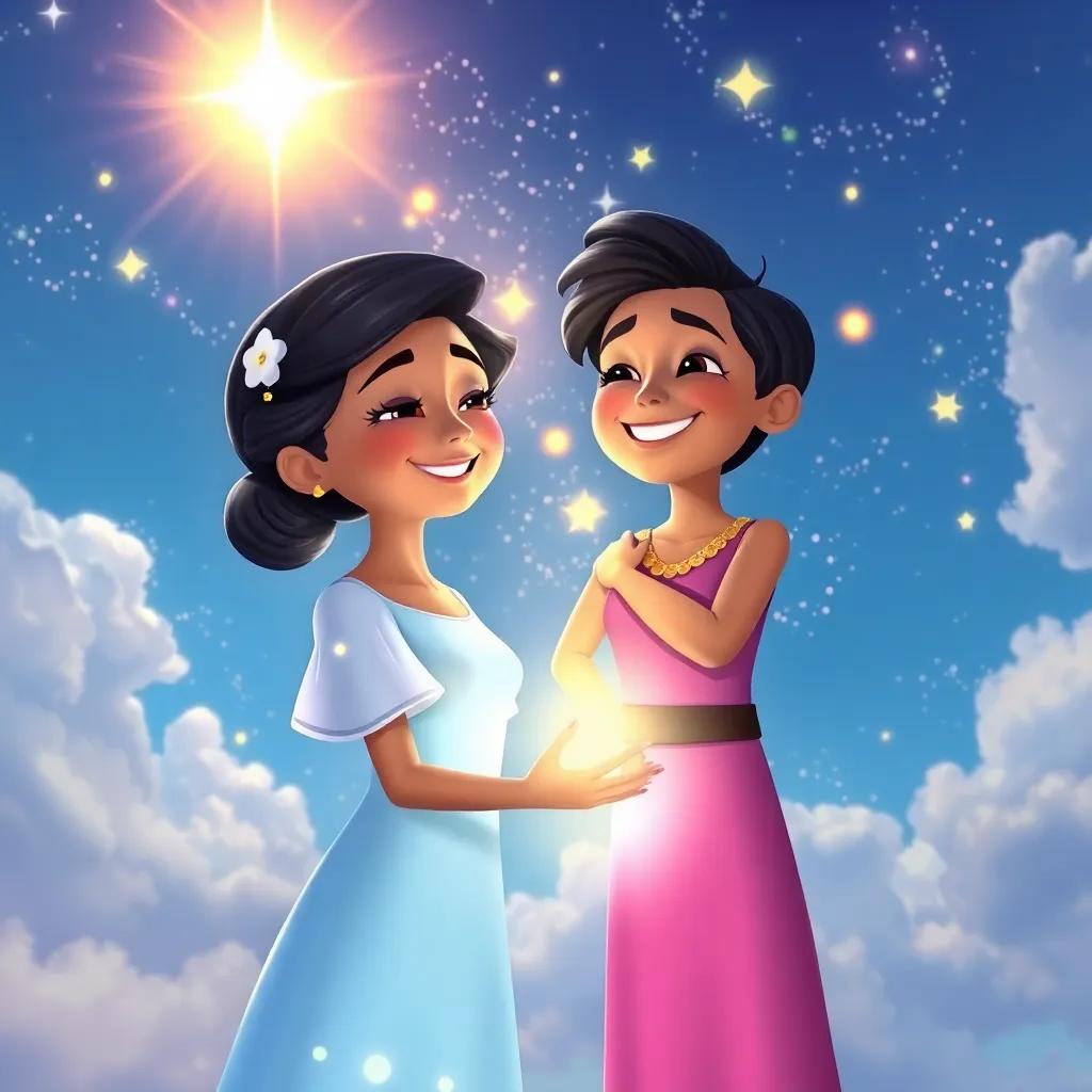 Luminia shining in the sky, embracing her friendship with Tomás, a beautiful connection between earth and stars, bright and cheerful atmosphere, captivating scene.