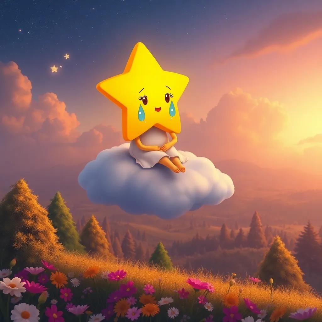 Estrellita the star, sitting on a low cloud with tears, overlooking a beautiful landscape filled with trees and flowers, emotional mood, illustration, soft colors, heartwarming