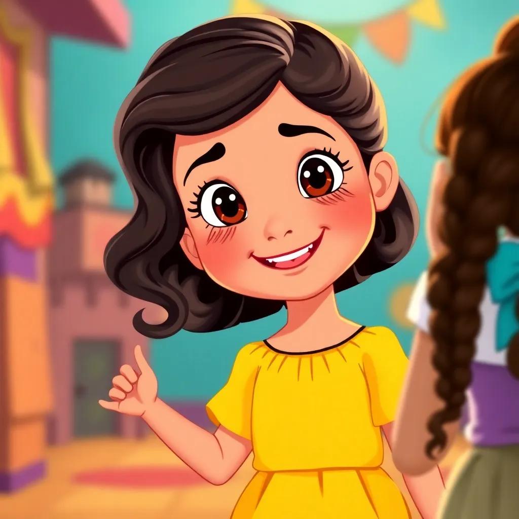 A kind girl named Sofía, a young Hispanic girl with wavy black hair, wearing a bright yellow dress, smiling and approaching Estrellita, cheerful scene, digital art, vibrant colors, friendly atmosphere