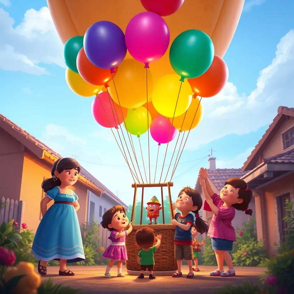 Sofía and Estrellita, with children from the neighborhood gathering around, creating a hot air balloon with colorful balloons and ropes, teamwork and joy, colorful, lively scene, playful mood
