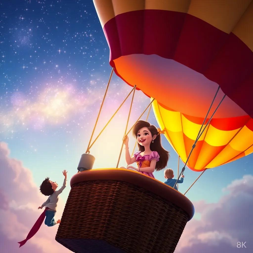 Estrellita, sitting joyfully in a colorful hot air balloon, with children holding ropes, rising towards a starry sky filled with twinkling stars, joyful scene, fantasy digital art, uplifting