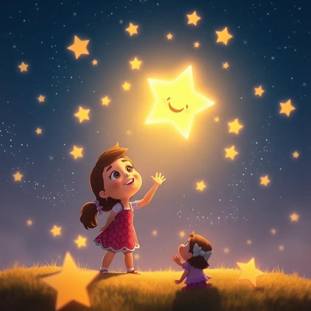 Estrellita, now back in the sky, shining brightly among other stars with a big smile, looking down and waving at Sofía and all her friends on Earth, heartwarming, magical atmosphere, high quality
