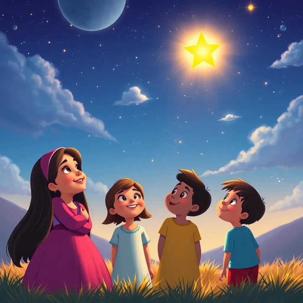 Sofía and children on Earth looking up at Estrellita in the sky, illuminated by her bright light, feeling happy and connected, community spirit, digital illustration, warm colors, joyful scene