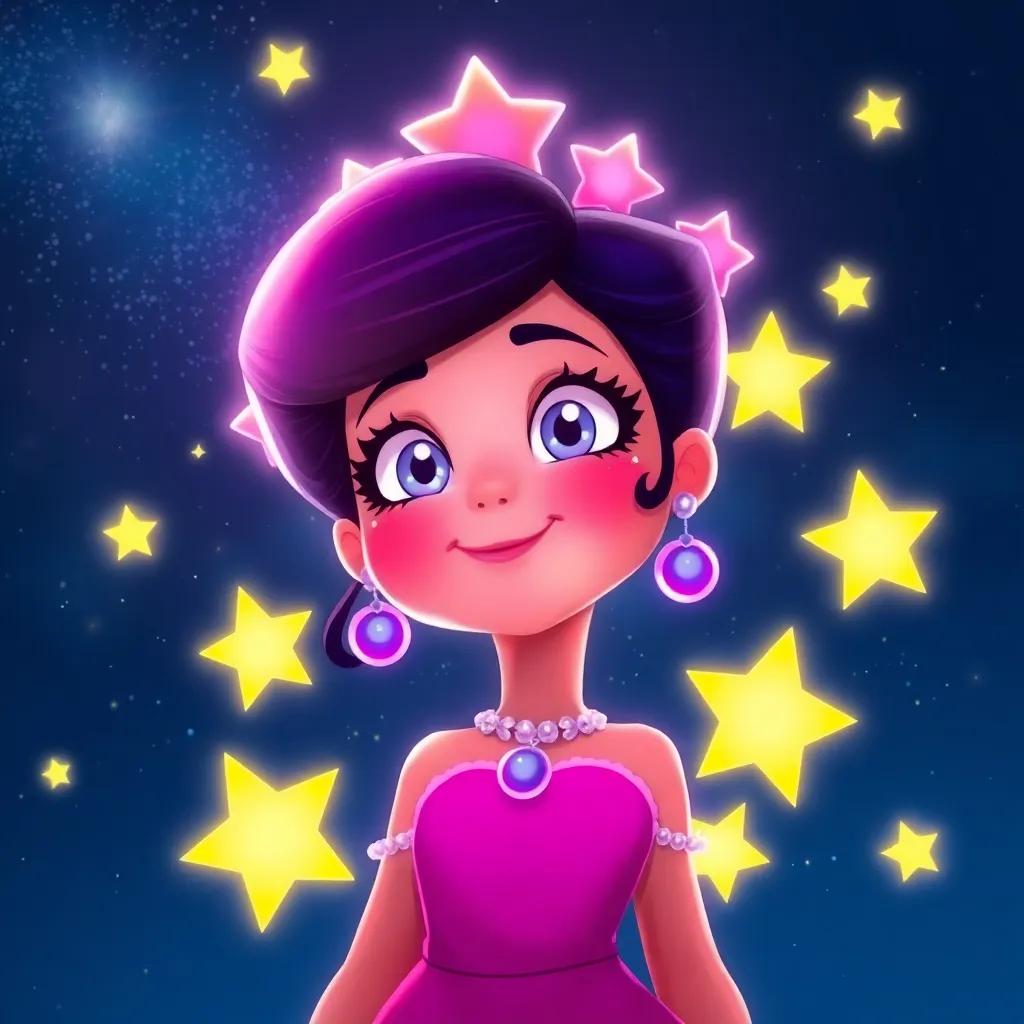 A close-up of Estrellita, radiant and proud in the night sky, surrounded by other stars twinkling alongside her, representing friendship and community, beautiful color, vibrant light, detailed art, high quality