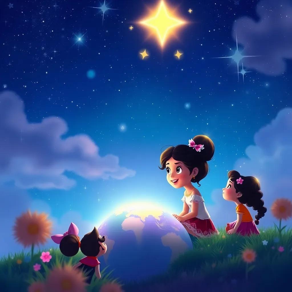 Estrellita, shining in the night sky, with a glowing aura, looking down with love at the Earth where Sofía and her friends are, heartfelt moment, enchanting scene, digital painting, colorful