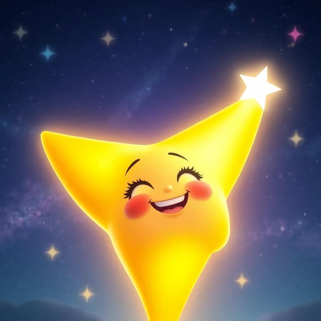 Estrellita, a bright and glowing star, looking joyful in the sky, with a backdrop of galaxies and cosmic beauty, symbolizing hope and connection, digital art, stunning details, vibrant colors