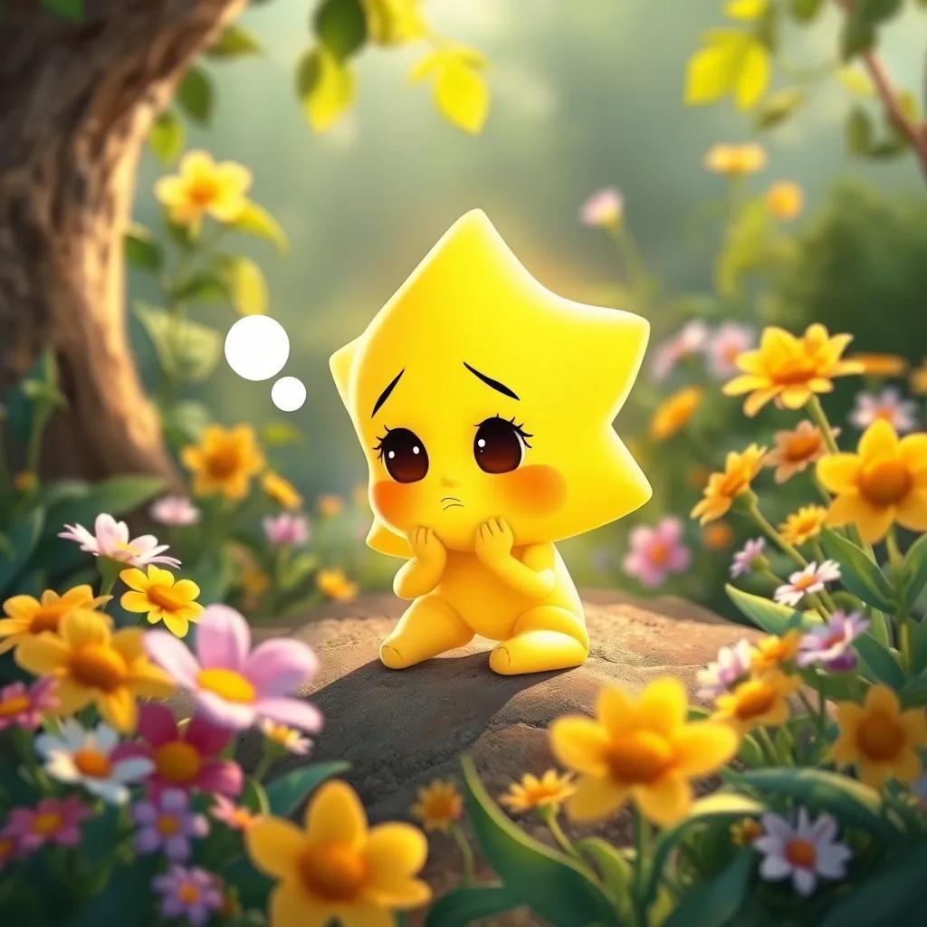 Una pequeña estrella dorada con una expresión triste, hablando con Lucas, rodeada de un jardín lleno de flores, ilustración, alegre y mágica, estilo infantil.