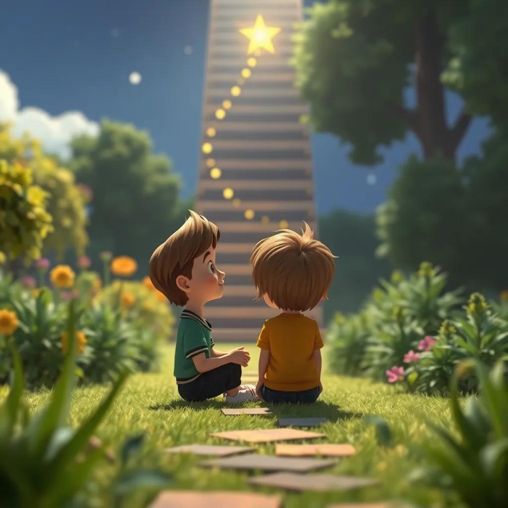 Lucas y Estrella Dorada mirando una escalera larga que no llega al cielo, sentados en el jardín, arte digital, colores cálidos, determinación en sus rostros.