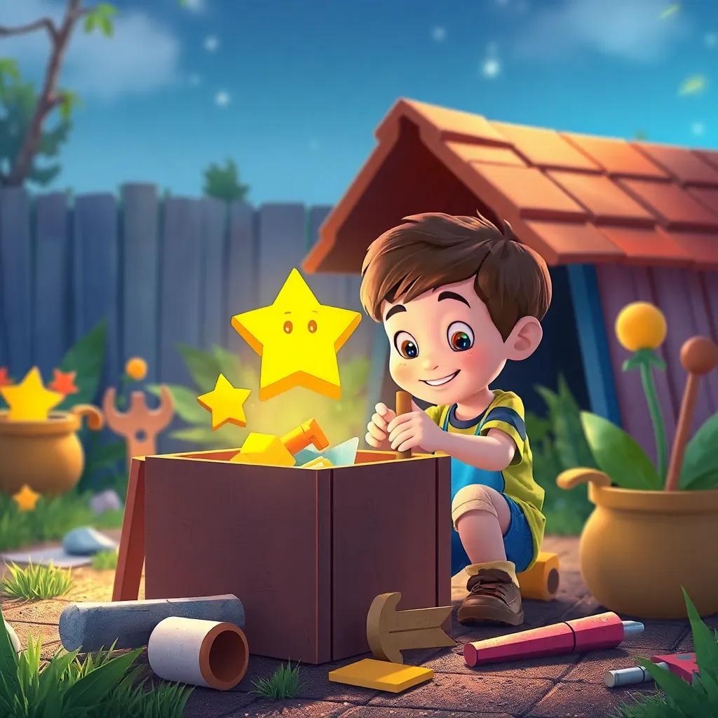 Lucas construyendo un cohete colorido con cajas y papel mientras Estrella Dorada brilla emocionada, en un jardín con herramientas, ilustración colorida, creativa y feliz.