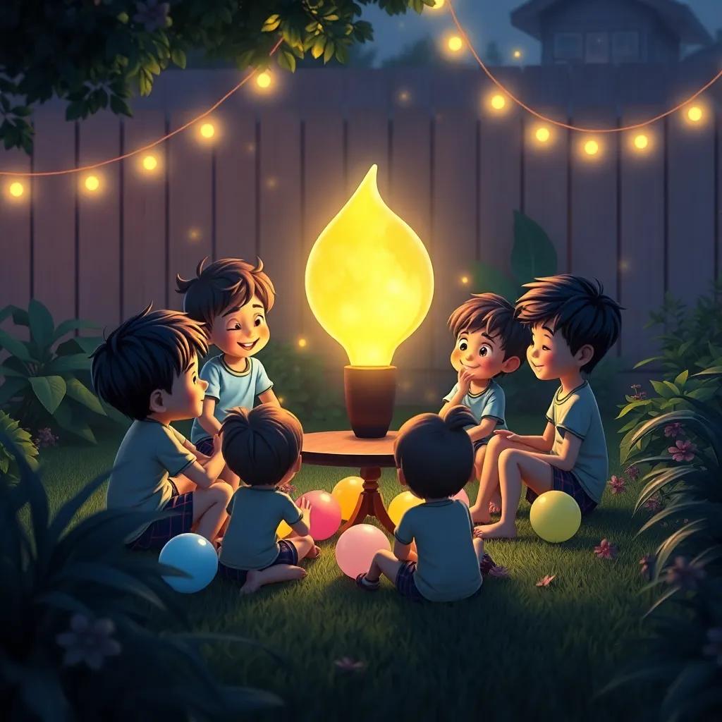 Un grupo de niños y amigos en el jardín, con globos y una cometa, sonriendo y organizando, arte digital, colores vibrantes, sensación de unidad y amistad.