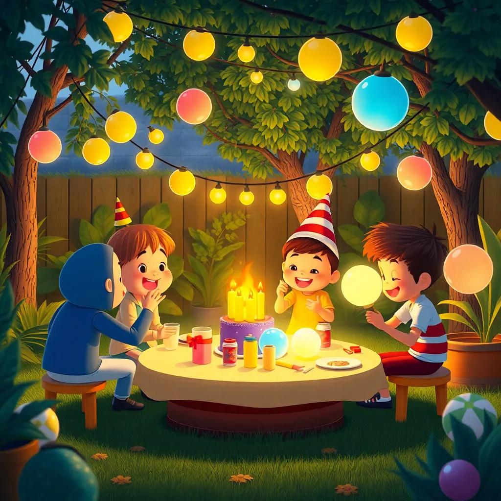 Los amigos preparando una gran fiesta en el jardín, decorando con linternas y globos, todos sonrientes y alegres, ilustración, animada y festiva, estilo infantil.