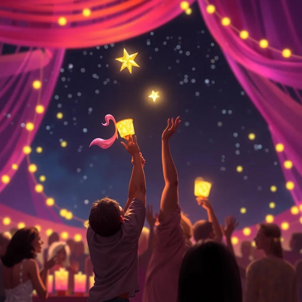 Linternas siendo elevadas al cielo por los amigos en la fiesta, con Estrella Dorada brillando cerca, arte digital, colores luminosos, mágica y esperanzadora.
