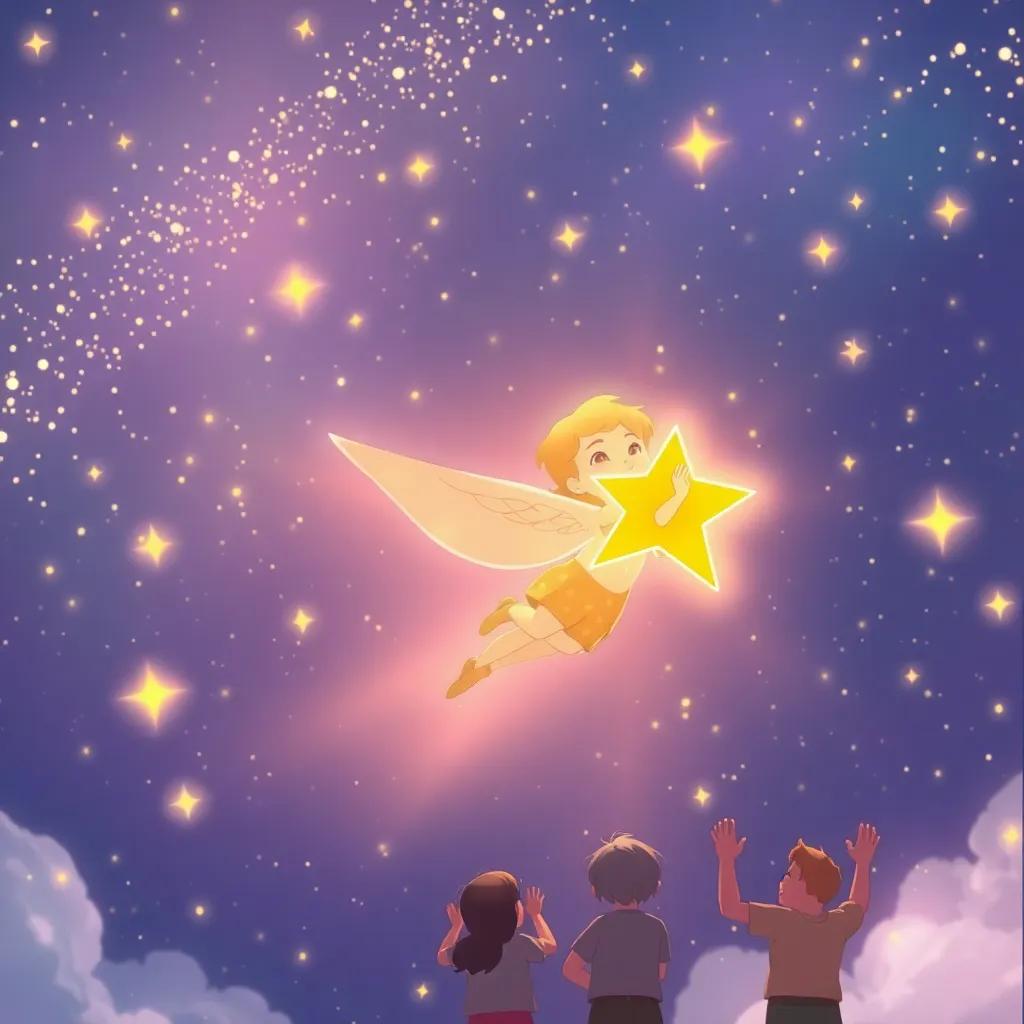 Estrella Dorada volando alto en el cielo lleno de estrellas, agradecida y sonriendo, con amigos aplaudiendo desde abajo, ilustración, cálida y mágica, sentimiento de felicidad.