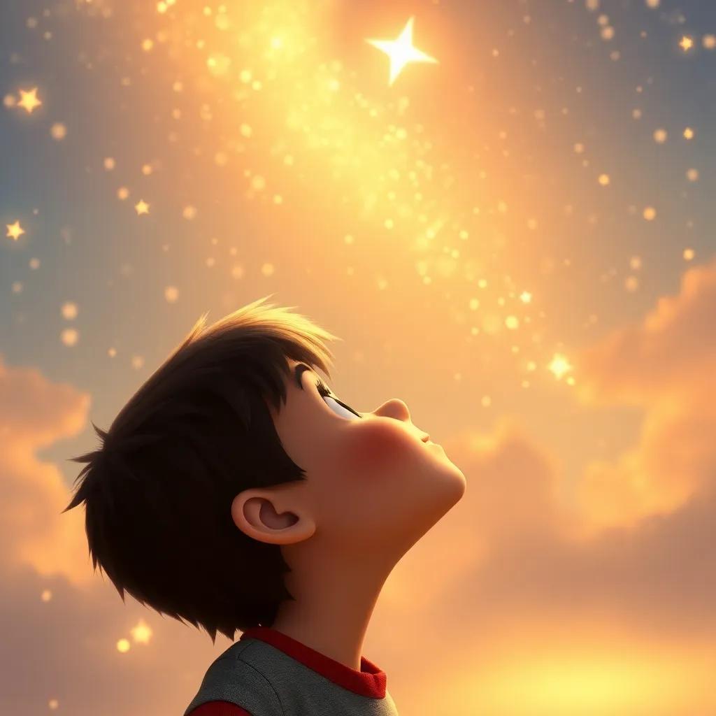 Lucas mirando al cielo sonriendo, con Estrella Dorada brillando más que nunca, fondo de un cielo estrellado, arte digital, luz suave y cálida, hermosa amistad.
