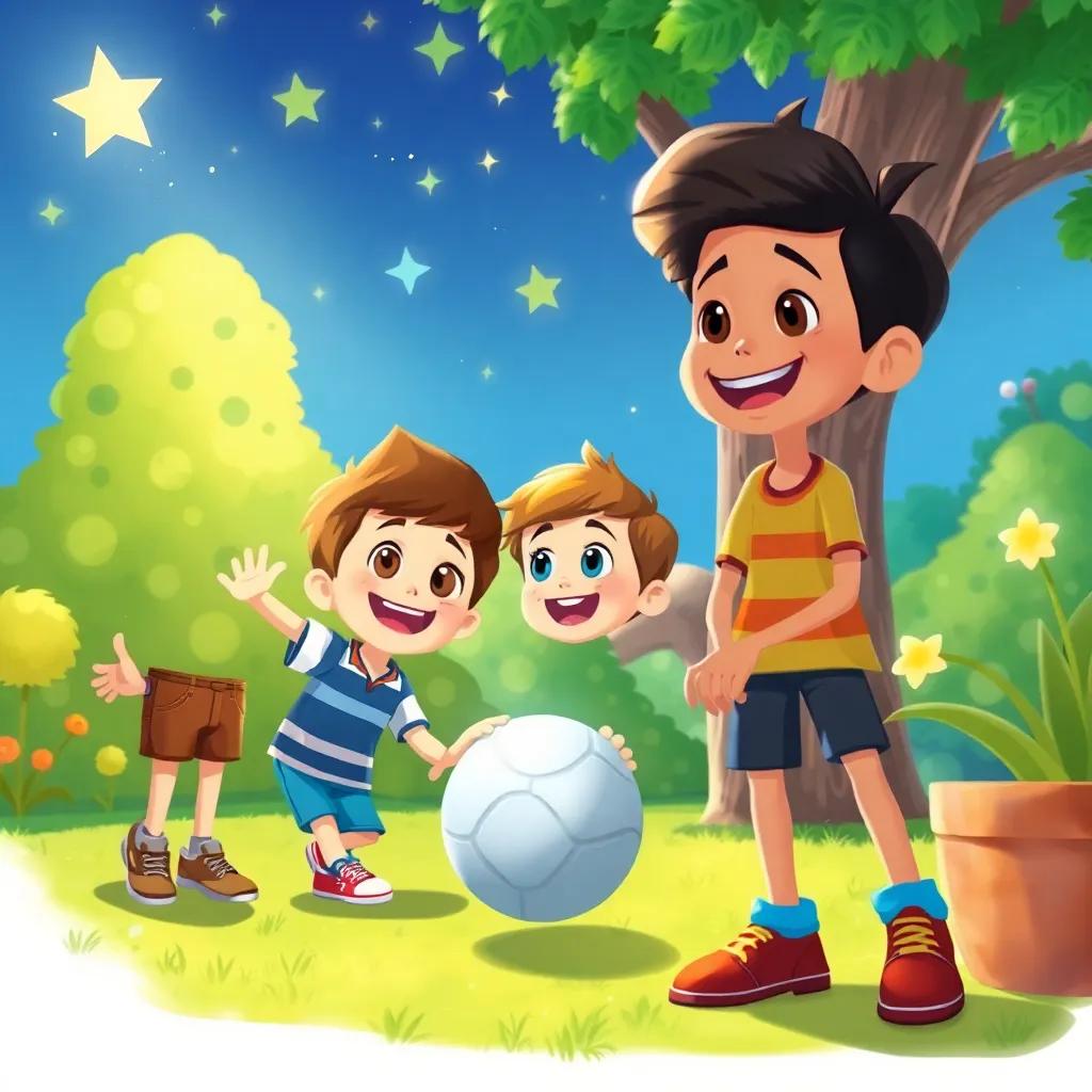 Lucas y sus amigos jugando en el jardín bajo las estrellas, llenos de alegría, ilustración, colores brillantes, mostrando la alegría de la amistad.