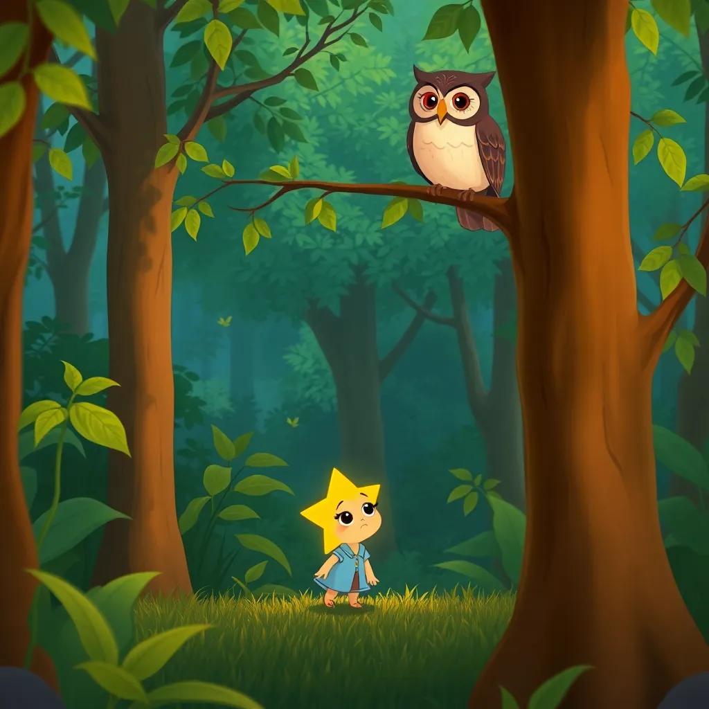Lúmina, the small golden star, looking confused and scared in a lush green forest, the wise owl named Sabio perched on a branch above her, artistic illustration, warm colors, captivating scene, child-friendly