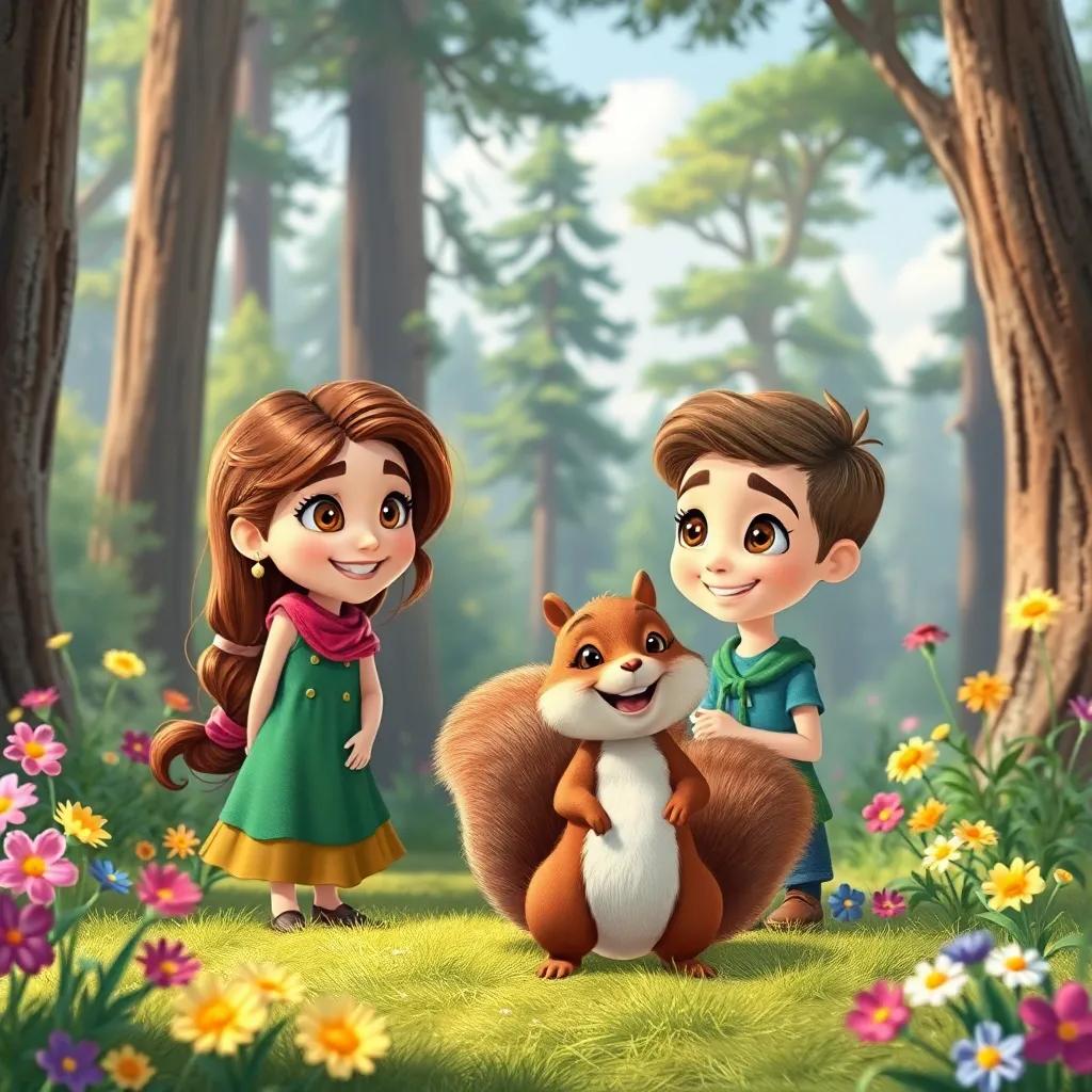 Lúmina and Sabio meeting a cheerful squirrel named Saltarina with a fluffy tail, surrounded by tall trees and colorful flowers, vibrant scenery, friendly atmosphere, textured illustration, high quality