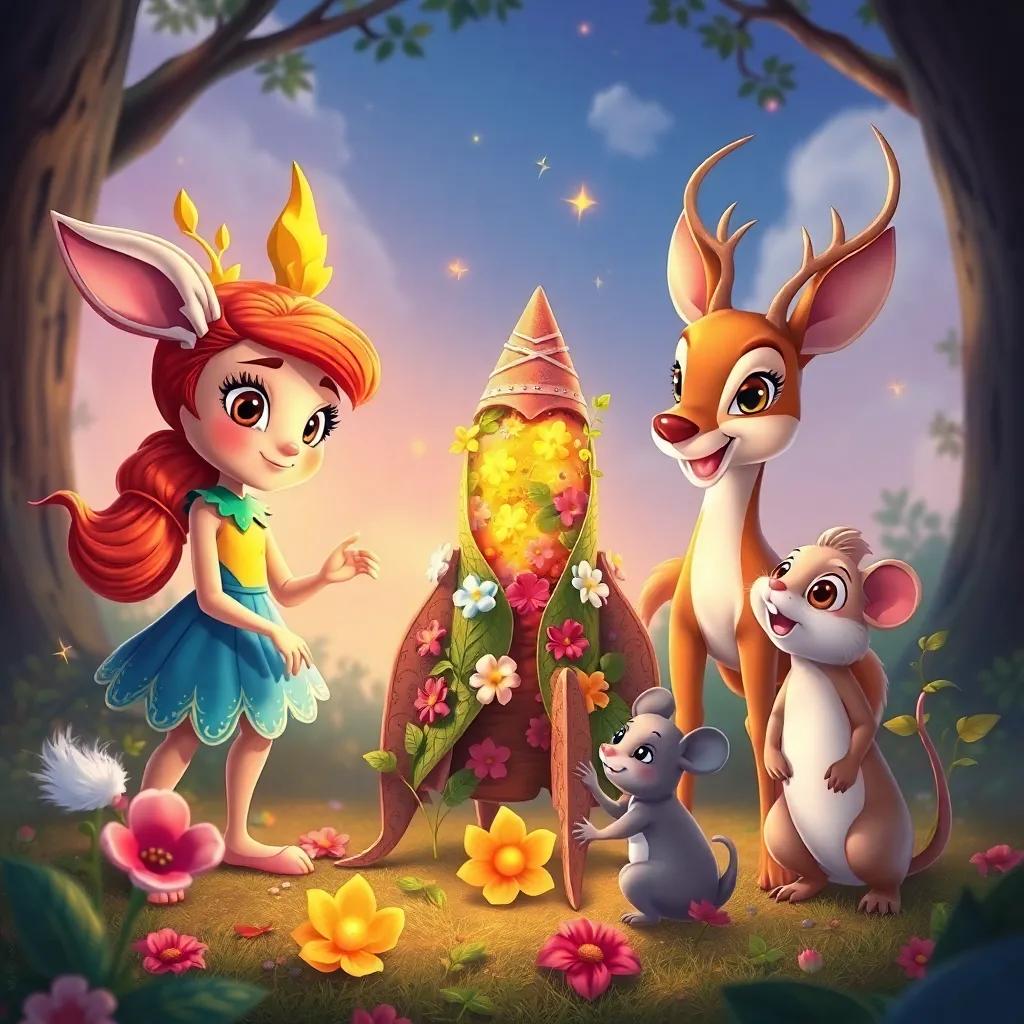 Lúmina with her friends, a speedy rabbit, an elegant deer, and a curious mouse, brainstorming ideas around a makeshift rocket made of leaves and flowers, imaginative art style, bright colors, teamwork theme, high quality