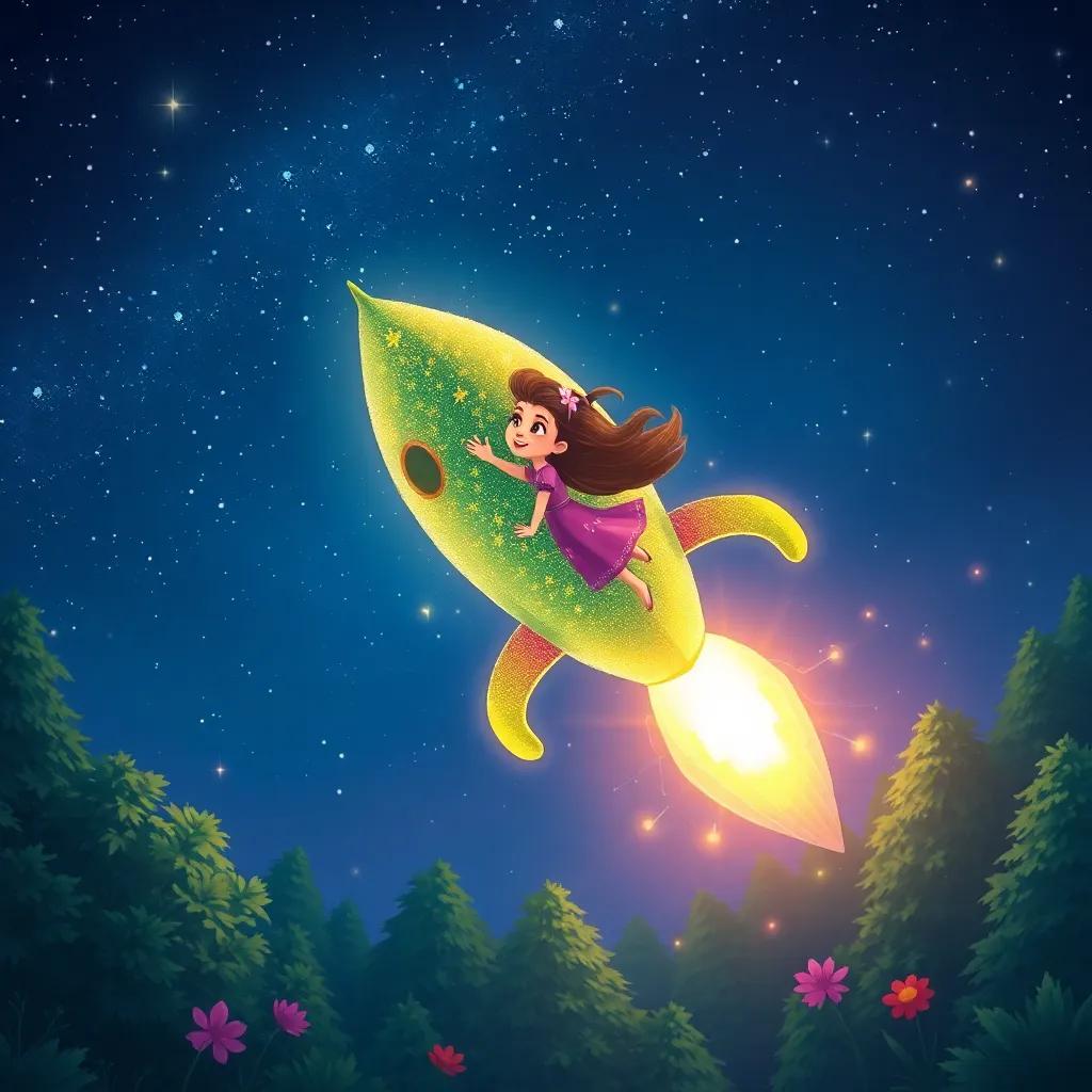 Lúmina in a shimmering rocket made of leaves, flying up to the night sky, with her friends waving from the forest below under a starry sky, magical moment, colorful illustration, uplifting scene, high quality